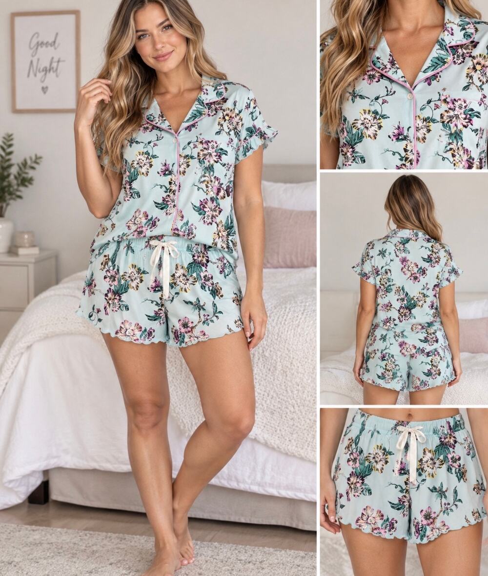 Tahari Women’s M Floral 2 Piece Pajama Set Button Top Shorts Mint NWT